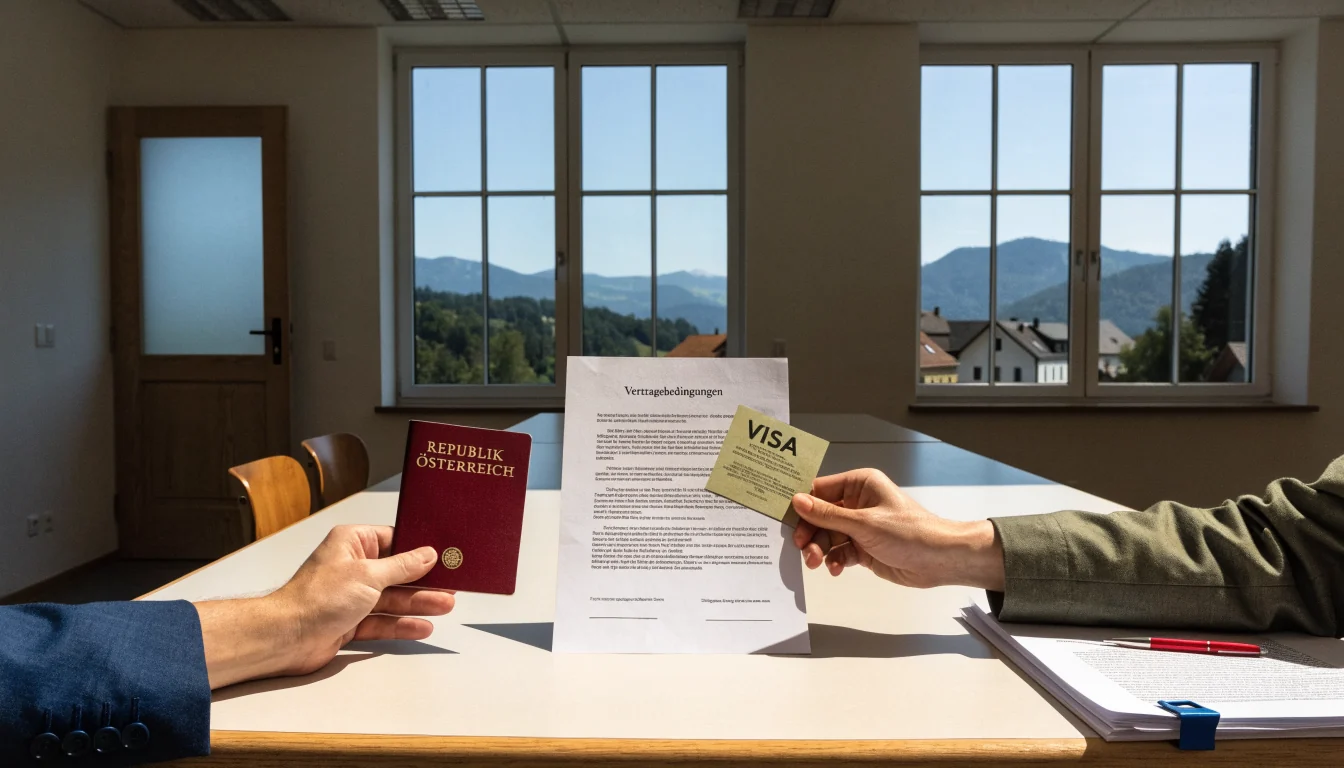 Hände mit Pass und Visum über Vertragstisch