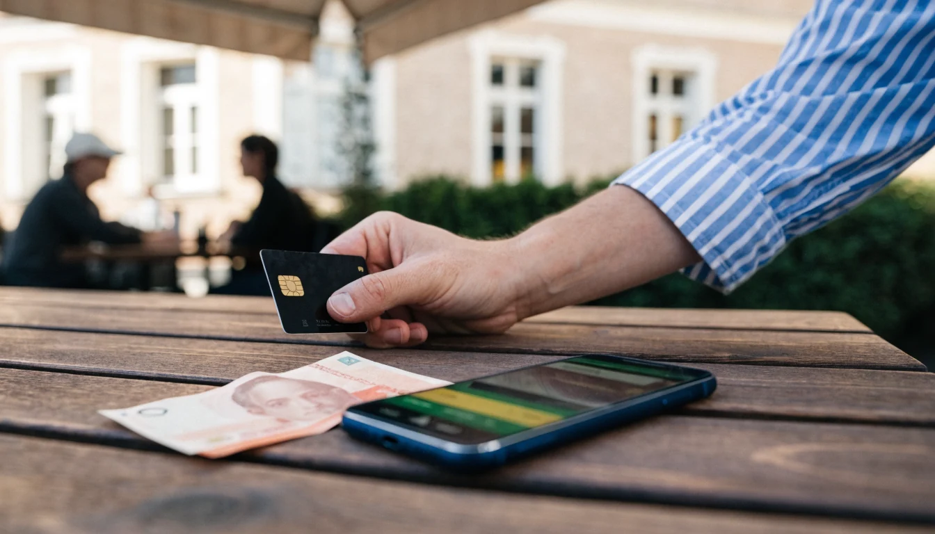 Hand legt Karte, Geld und Smartphone