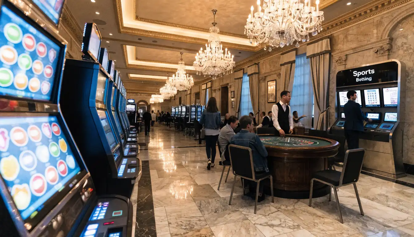 Casino‑Boden mit Spielautomaten und Roulette